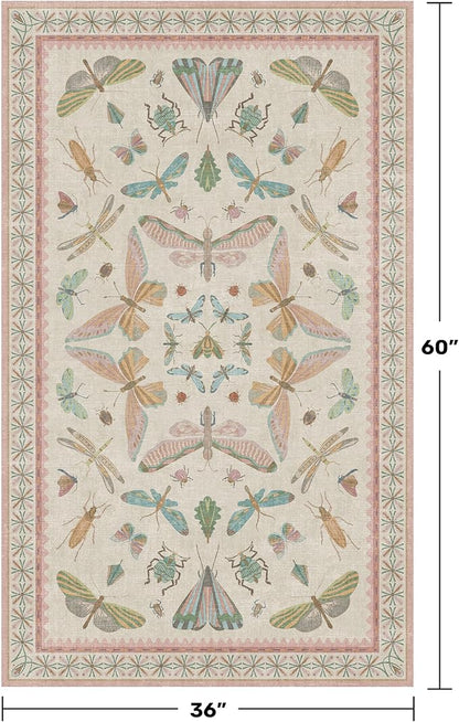 3x5 Flower Area Rug for Girls Bedroom - Washable Light Pink Large Entryway Rug for Laundry Room, Kitchen, Bedroom, Dorm, Insect Print Vintage Floral Non-Slip Throw Rug Low Pile Stain Resistance