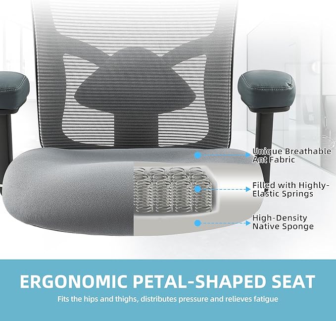 Big and Tall Office Chair 500lbs - Ergonomic Mesh Desk Chair, Heavy Duty Computer Chair-Wide Thick Seat Cushion, Adjustable Lumbar Support, Metal Base, Rubber Wheels, 4D Armrests, Grey