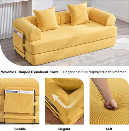 Convertible Sleeper Sofa Bed, Folding Floor Sofa Bed with Fixed-Shape Frame, Corduroy Floor Sleeper Sofa with Storage Pocket, Futon Boneless Sofa Couch for Living Room, Yellow