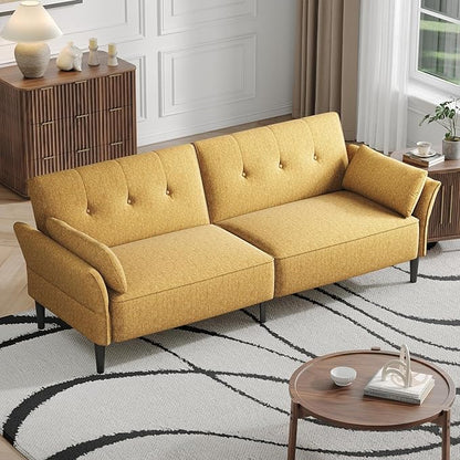 89” Futon Sofa Bed,Comfy Futon Couch Bed with 2 Square Pillows,Convertible Sleeper Sofa with Adjustable Backrest& Armrests, Modern Loveseat Sleeper for Living Room, Bedroom, Linen Yellow