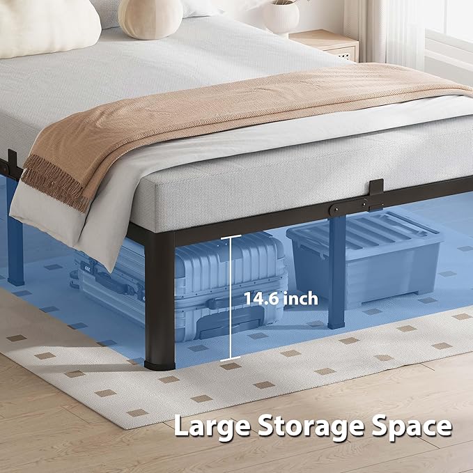 16 Inch King Size Bed Frame, 3500Lbs Heavy Duty Metal Platform with Round Corner Legs Mattress Slide Stopper, Steel Slat Support No Box Spring Needed, Noise Free, Non-Slip, Easy Assembly