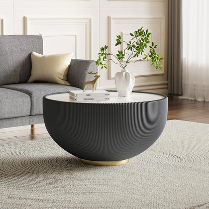 Round Coffee Table Set with Sintered Stone Tabletop, 27.56" Grey Drum Center Table and 19.69" Grey Coffee Table Set, 2 Pieces Living Room Table Set with Fluted PU Leather Cover& Metal Base