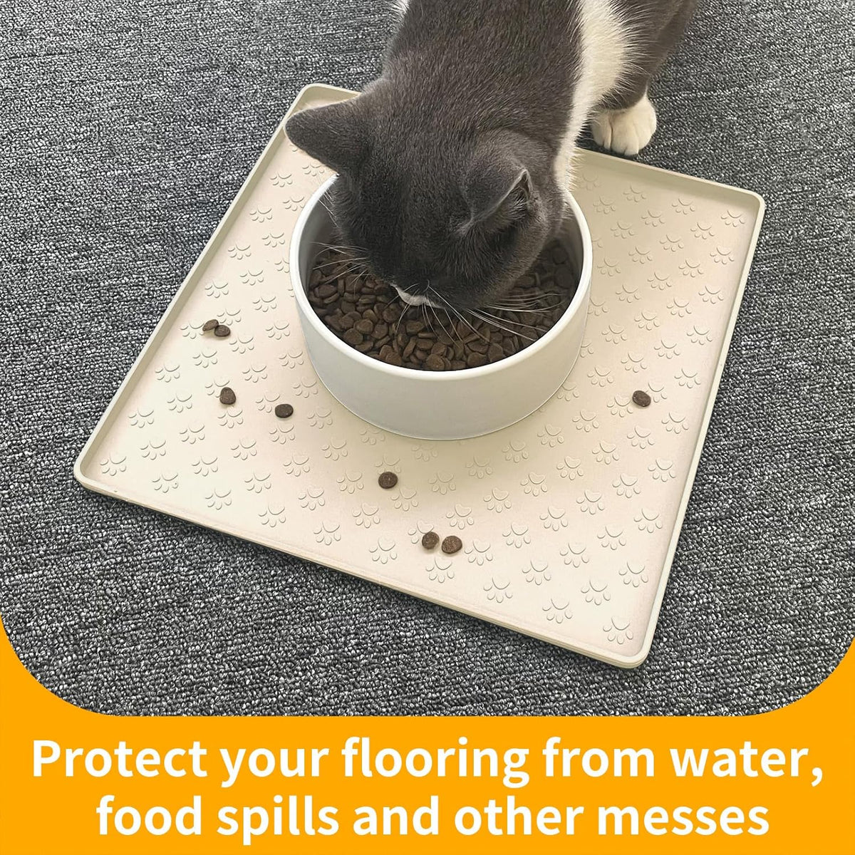 Ptlom Pet Placemat for Dog and Cat, Waterproof Non-Slip Silicone Feeding Bowl Mat Prevent Food and Water Overflow, Puppy Dish Feeder Fountain Trays Suitable for Medium and Small Pets, Beige