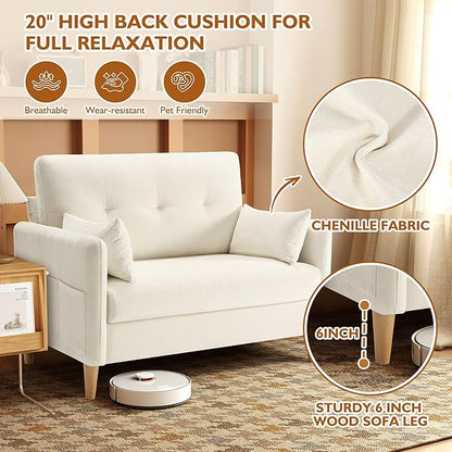 47" Small Sofa Couch, Soft Chenille loveseat Mini Couch with Throw Pillow and Removable Cushion Cover for Small Spaces, Bedroom, Apartment, Dorm, Office, Living Room(Beige)