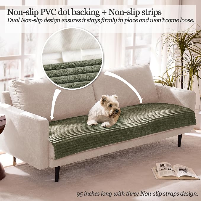 Dual Non-Slip Couch Cover for Dogs Waterproof, Fuzzy Soft Pet Couch Covers for Sofa 3 Cushion, Pet Friendly Soft Dog Bed Covers Sofa Cover Washable (Sage Green, 33" x 75" 1 Pack)