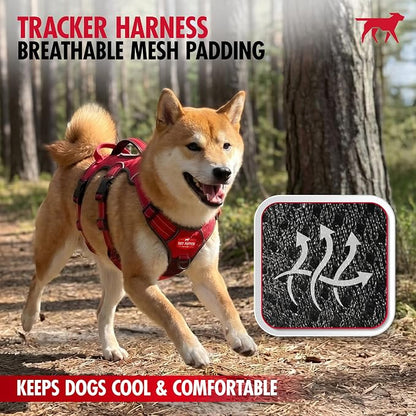 Tuff Pupper Tracker No Escape Dog Harness, Dual Attachment Points, Reflective 3M Stitching, XS - XL, March Red
