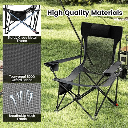 GYMAX Reclining Camping Chairs with Footrest, Lightweight Foldable Camping Chairs with Cup Holders, Adjustable Backrest, Headrest, Heavy Duty Camp Chair for Adult Outdoor Fishing Beach (Grey,2)