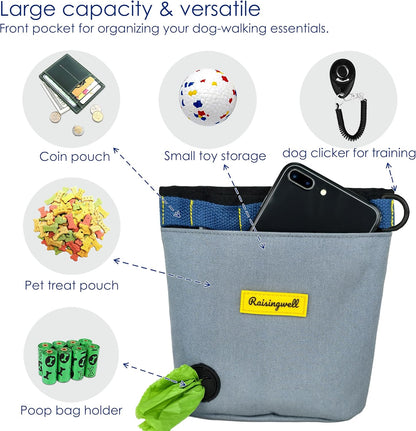 Dog Treat Pouch for Pet Walking and Training with Clicker 2 Cup Silicone Bag Small Fanny Pack Holder for Puppy Snack Dispenser Kit for Leash and Outdoor Use (Gray)