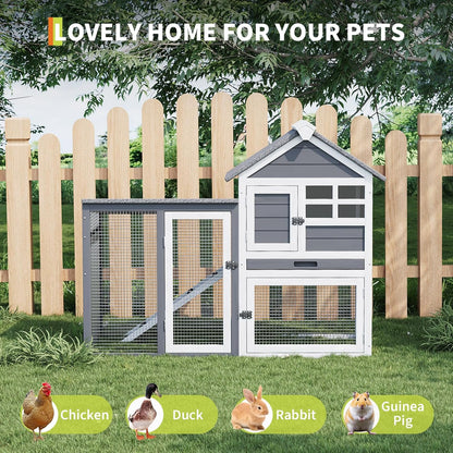 2-Tier Rabbit & Chicken House,Wooden Chicken Coop & Bunny Cage with Non-Slip Ramp, 4 Doors,Waterproof Roof & Pull-Out Tray,Outdoor/Indoor Pet Cage