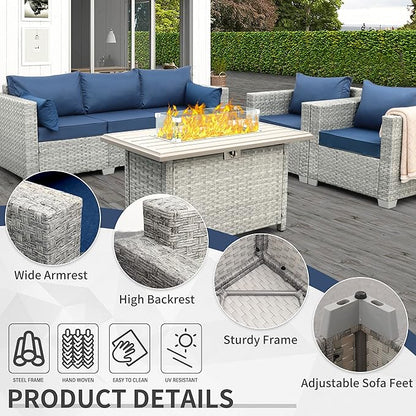 WAROOM Patio Furniture Set 4 Piece Wicker Conversation Sets PE Rattan Chair Outdoor Couch Sectional Sofa with Fire Pit Table, Navy Blue Cushion
