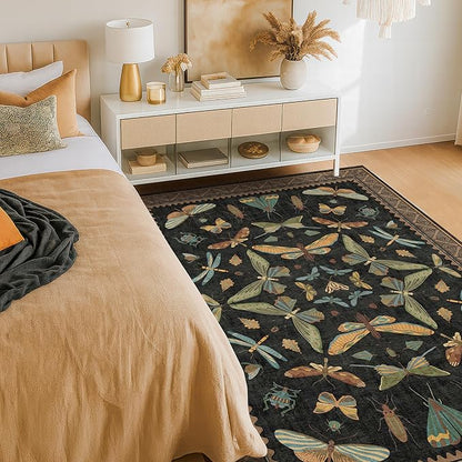 Insect Print Washable 4x6 Entryway Rug - Non-Slip Low Pile Area Rug for Large Kitchen, Bedroom, Office - Ultra Soft Aesthetic Decor, Black & Brown