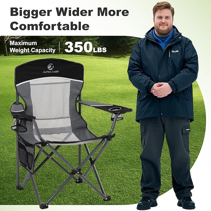 LET'S CAMP Mesh Back Camping Chair Portable Folding Heavy Duty Outdoor Chair Support 330 LBS Durable Large Arm Chair with Cup Holder and Carry Bag for Camp, Fishing, Hiking, Black