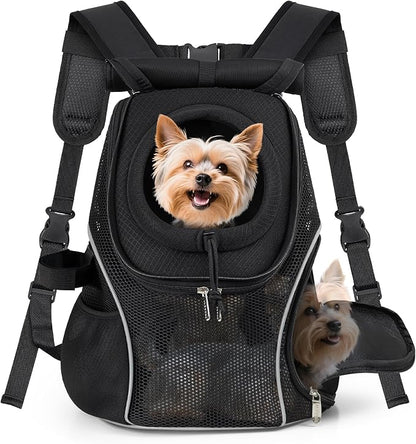 WOYYHO Pet Dog Carrier Backpack with Windows, Ventilated Small Dog Backpack | Breathable Top & Side Windows, Safety Belt, Storage Pockets, Small Dog Front Backpack, for Travel Hiking Outdoor, Black2.0, L