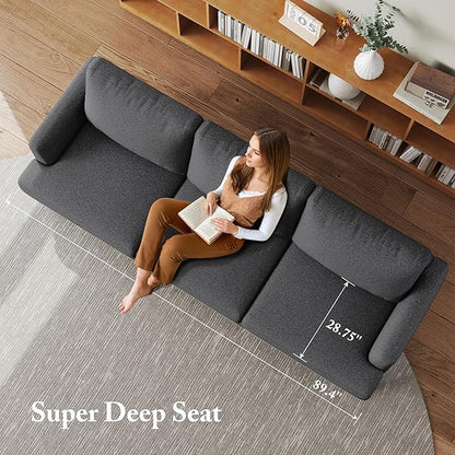 3 Seater Sofa Couch with Deep Seats, 89" Mid Century Modern Upholstered Sofa with Armrests, Comfy Couches for Living Room, Bedroom, Apartment and Office (Dark Grey)