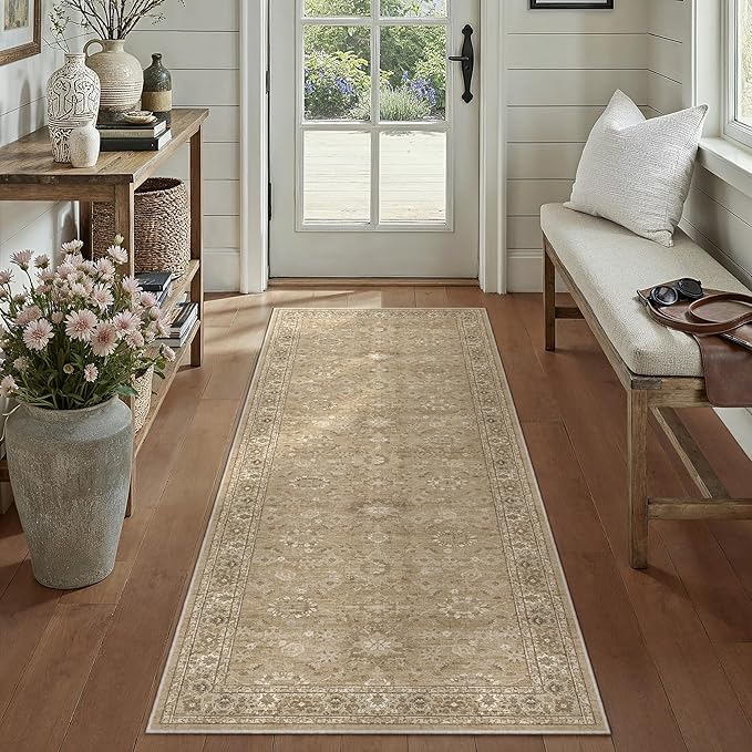 2x6 Brown Runner Rug Hallway Non Slip Kitchen Vintage Distressed Long Carpet Indoor Machine Washable Traditional Floral Bedroom Accent Throw Rug for Office Laundry Bathroom Dining Living Room