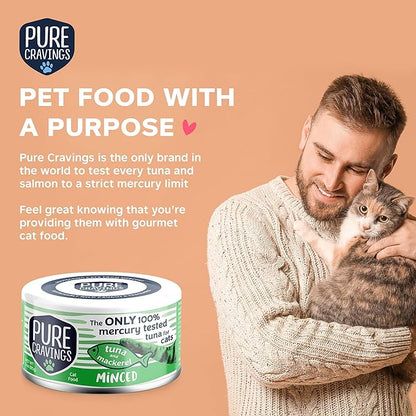 Pure Cravings Minced Tuna and Mackerel Wet Canned Cat Food, 100% Mercury-Tested Tuna, Moist Can Fish for Cats, Grain-Free, Protein, Non-GMO, 3oz, Pack of 12