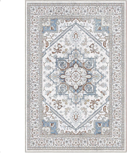 OPPODREAM Thin 6x9 Area Rugs, Neutral Washable Rug 6x9 with Non Slip Backing, Faux Cashmere Low-Pile 6 x 9 Carpet, Cream White & Blue & Light Brown