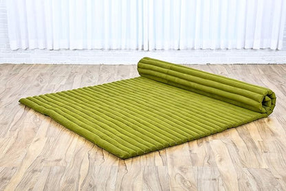 Leewadee - Foldable Floor Mattress - Japanese Roll Up Futon -Trifold Tatami Mat- Guest Floor Bed - Camping Mattress - Thai Massage Mat, Kapok Filled, 75 x 57 inches, Green