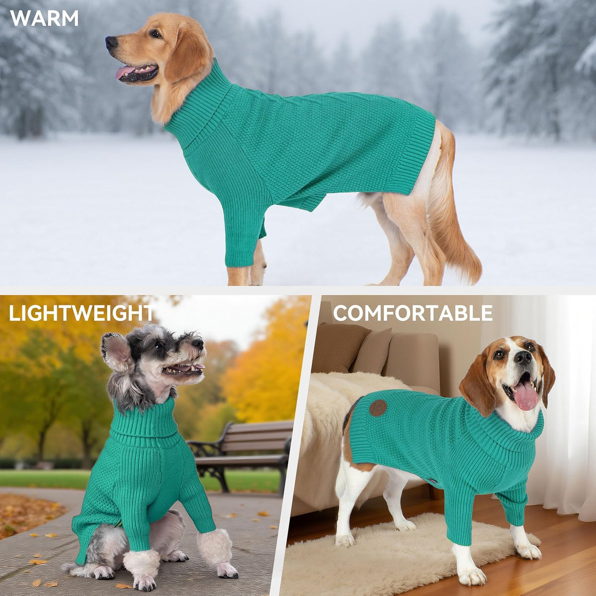 cyeollo Small Dog Sweater, Warm Stretchy Sweaters for Small Dogs Girl, Pullover Knitted Thermal Winter Big Dog Clothes with Sleeves, Turtleneck Pet Beagle Border Collie Apparel, Aqua Green L