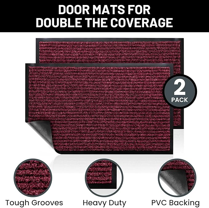 Sierra Concepts 2-Pack Front Door Mat Red - Indoor Outdoor Floor Doormat Rug Entryway Welcome Mats - Entrance Shoe Scraper, Entry Inside Outside, 30" x 17"