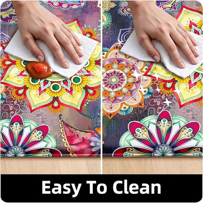 Boho Red Floral Kitchen Rugs Mats for Floor 2 Piece Memory Foam Padded Kitchen Mats Anti Fatigue Non Slip Cushioned Comfort Standing Mat, 17.3x28+17.3x47 Inch