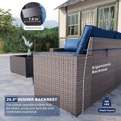 Kullavik Outdoor Patio Furniture Set 6 Pieces Sectional Rattan Sofa Set Brown PE Rattan Wicker Patio Conversation Set with 5 Seat Cushions and 1 Tempered Glass Table,Navy Blue