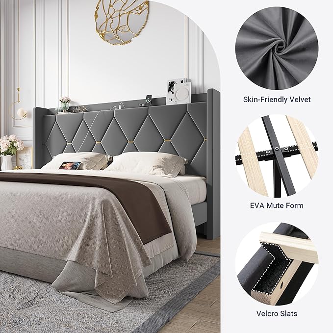 Allewie Velvet King Size Upholstered Bed Frame with Wingback Storage Headboard & Charging Station, Platform Bed with Diamond Tufted Design & Gold Trim, No Box Spring Needed, Easy Assembly, Grey