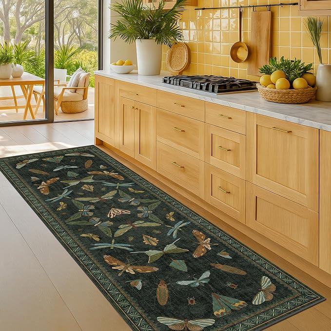 Washable Insect 2x6 Runner Rug for Hallway- Stain Resistant Kitchen Runners, Floral Whimsical Indoor Floor Mat for Bathroom, Soft Non Slip with Rubber Backed, Dark Green