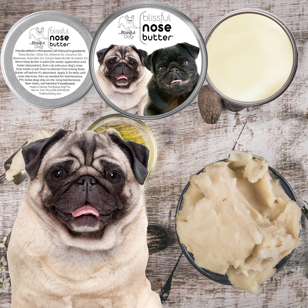 The Blissful Dog Pug Duo Unscented Nose Butter - Dog Nose Butter, 2 Ounce