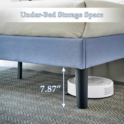VECELO Queen Size Bed Frame with Adjustable Headboard, Upholstered Button Tufted Platform Bedframe with Wood Slats Support, No Box Spring Needed, Light Blue