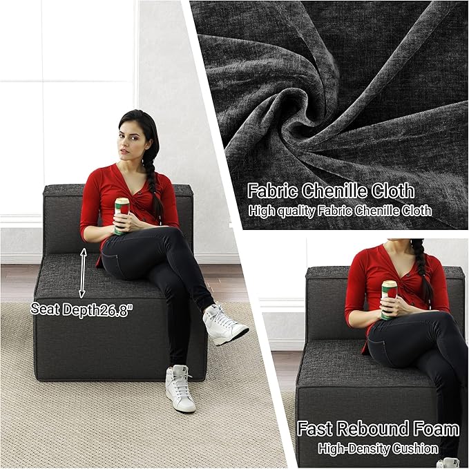 38“ Modular Sectional Sofa Convertible Cube Thick Couch Seat Set, Combine L-Shaped U-Shaped, Free Assembly, Space-Saving for Living Room, Fabric Chenille Black Grey (Only Armless)