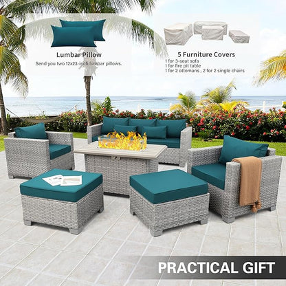 WAROOM Patio Furniture Set 6 Piece Grey Wicker Outdoor Sectional Sofa Balcony Furniture Couch PE Rattan Conversation Sets with Fire Pit Table, Peacock Blue Cushion