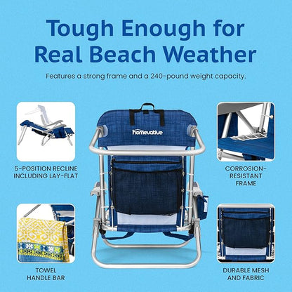 Homevative Backpack Fold-Up Beach Chair, 5 Positions, Towel bar, Cooler, Storage Pouch, Cup Holder and Phone Pocket