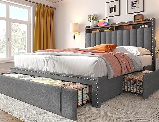 EnHomee Full Size Bed Frame, Upholstered Full Bed Frame with 3 Storage Drawers & 2-Tier Headboard Shelves, 900LBS Heavy Duty, No Box Spring Needed, Easy Assembly, Grey