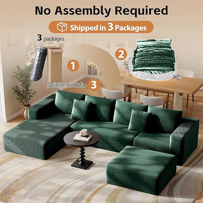 Fancyfire 134.6" Cloud Modular Sectional Couch with Chaise and Pillows,Ultimate Comfort U-Shaped Deep Seat Sofa,Boneless Couch Upholstered 3-Seater Sofas for Living Room, No Assembly Required(Green)