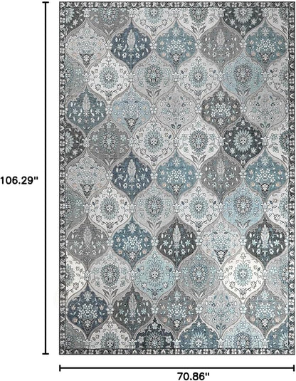 Lahome Moroccan Washable Area Rug 6x9, Ultra-Thin Large Living Room Rugs for Bedroom, Oriental Trellis Distressed Non Shedding Throw Carpet for Dining Room Office, Blue