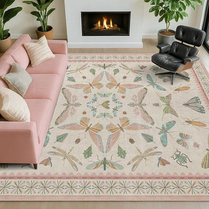 Floral Pink Rugs for Bedroom Girls 6x9 - Insect Print Cute Girly Rug for Living Room, Dining Room Under Kitchen Table, Washable Low Pile Vintage Bug Art Nouveau Home Decor