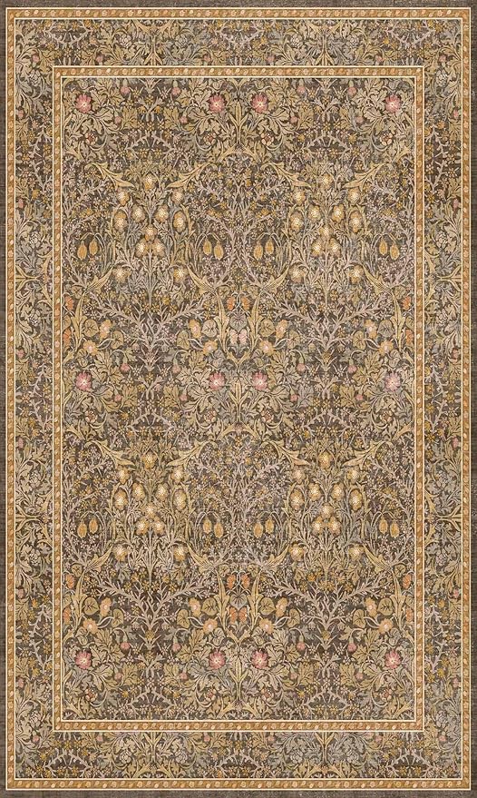 Vintage Floral Brown 3x5 Area Rugs for Entryway, Kitchen, Bathroom, Bedroom Beside Rug, Laundry Room, Non-Slip Low Pile Ultra Soft Stain Resistant Small Gold and Taupe Carpet