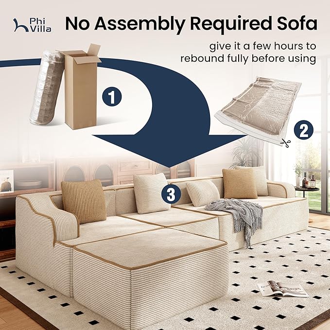 PHI VILLA Cloud Modular Couch, Boneless Sectional Sofa with U-Shaped Chaise, 7-Seater Couches with Movable Ottomans for Living Room, No Assembly Required, Corduroy, Beige