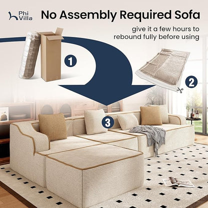 PHI VILLA Cloud Modular Couch, Boneless Sectional Sofa with U-Shaped Chaise, 7-Seater Couches with Movable Ottomans for Living Room, No Assembly Required, Corduroy, Beige