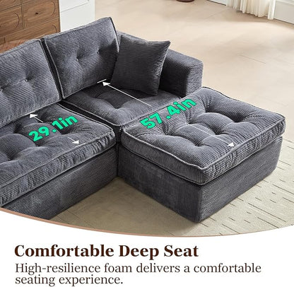 Modular Sectional Sofa, Modern Boneless Couch with L-Shape Chaise, Home Sectional Comfy Sofa Set for Living Room Bedroom and Floor, Plush Corduroy, No Assembly Required (Gray)