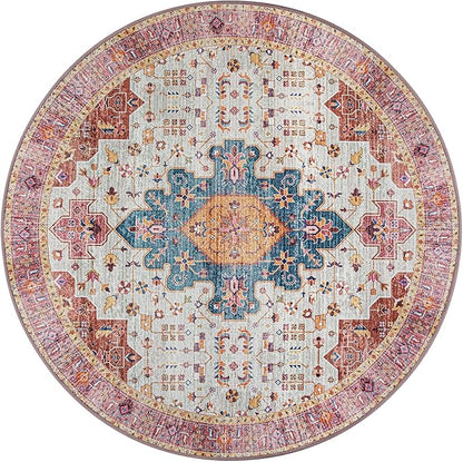 Moynesa Ultra-Thin Washable Round Rug - 6ft Pink Large Living Room Circle Area Rugs, Vintage Dining Room Mat Stain Resistant Nursery Carpet for Bedroom Mudroom Kitchen Apartment Home Office