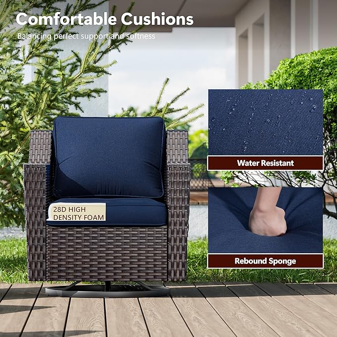 9 Pieces Wicker Patio Furniture, Luxury Outdoor Furniture with 2 Patio Swivel Chair, 2 Chair, 3-Seater Sofa, 2 Ottoman, 1 Coffee Table and 1 Side Table, Wide Armrest, Thickened Cushions