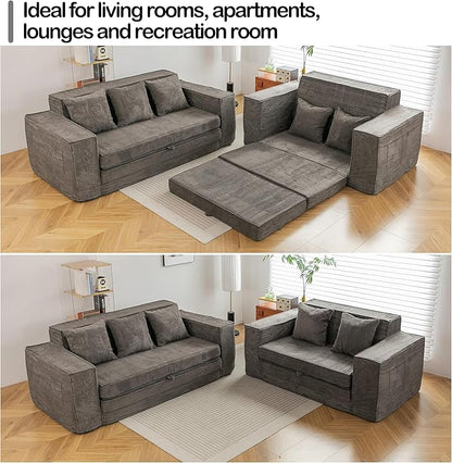HOMREST 63" Convertible Memory Foam Loveseat Sofa, Pull Out Sleeper Sofa Bed, 2 in 1 Folding Couch Bed, Fold Out Floor Couch Corduroy Fabric with 2 Pillows for Living Room Bedroom Lounge (Grey)