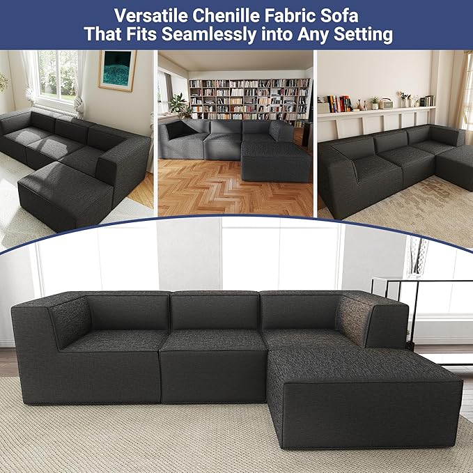 106" Sectional Compressed Sofa Modular Couches L-Shape with Chaise,High-Density Foam No Assembly Required,4-Piece(2xCorner 1xArmless 1xOttoman) for Living Room Chenille Dark Grey