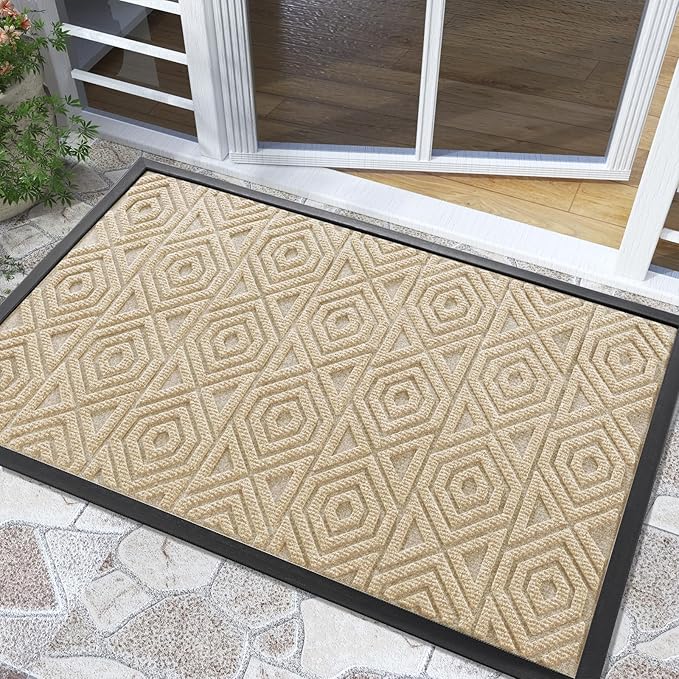 Yimobra Door Mat, Outdoor Indoor Entrance Welcome Mat, Heavy Entry Front Door Mat, Stain & Fade Resistant, Low Profile, Sturdy Rubber, Easy Clean Patio Floor Mat, Waterproof, 36 x 24, Light Beige