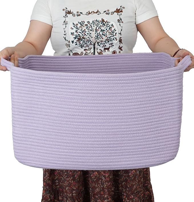 Large Rectangle Blankets Basket Living Room 22"x17"x12" Woven Cotton Rope Storage Baskets for Nursery Toy Basket for Kids Wicker Laundry Baskets Bin for Clothes Towels purple or Lavendor