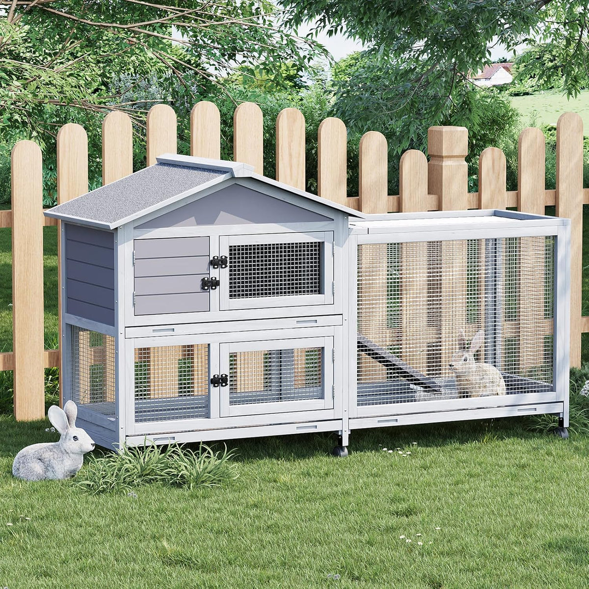 Rabbit Hutch 2-Tier, Small Wooden Chicken Coop with Wheels for Outdoor Use - Weatherproof Small Animal Hutch with Non-Slip Ramp, 4 Access Doors & Removable Tray for Rabbits, Guinea Pigs, Ferrets