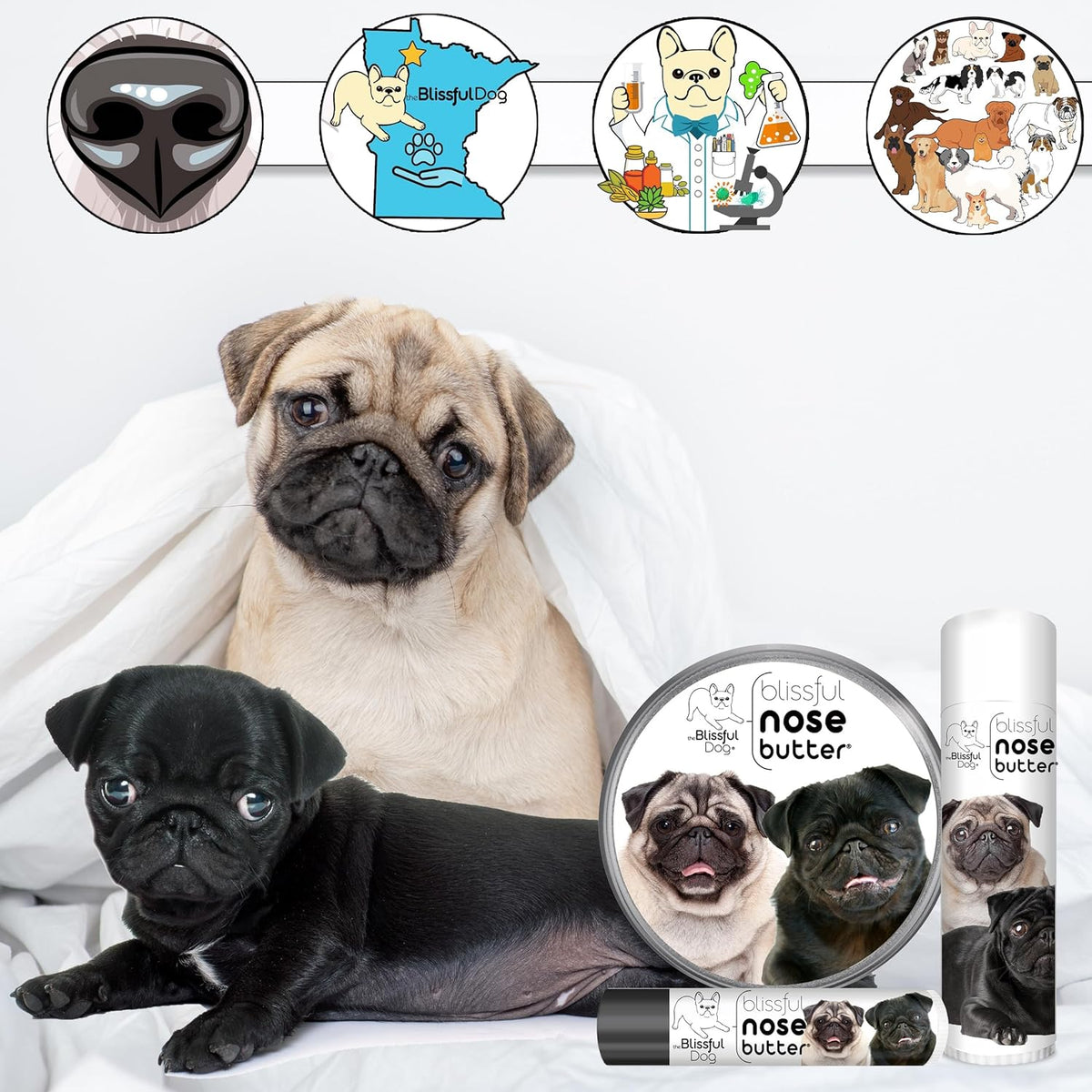 The Blissful Dog Pug Duo Nose Butter for Dry, Cracked Skin, Lick-Safe Dog Nose Balm with Moisturizing Shea Butter, Almond, Olive, and Essential Oils, Pet Supplies, Uncented, 1 oz.