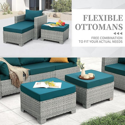 WAROOM Patio Furniture Set 6 Piece Grey Wicker Outdoor Sectional Sofa Balcony Furniture Couch PE Rattan Conversation Sets with Fire Pit Table, Peacock Blue Cushion